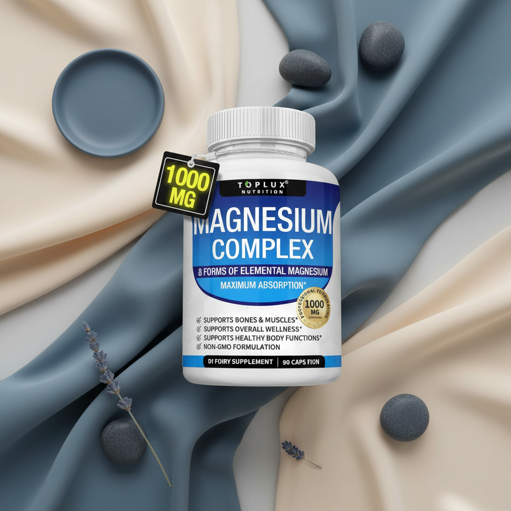 Overhead view of a white 'Magnesium Complex 8-in-1 Blend' bottle on a cream and slate blue fabric background.