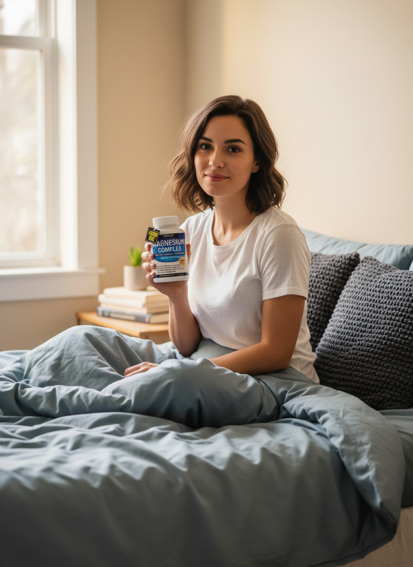 A woman in her late 20s holds the Magnesium Complex 8-in-1 Blend bottle in a sunlit bedroom with slate blue and cream decor.
