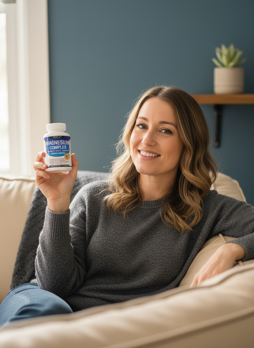 A person smiling, holding the Magnesium Complex 8-in-1 Blend bottle at home. Natural light, soft shadows, warm cream and slat