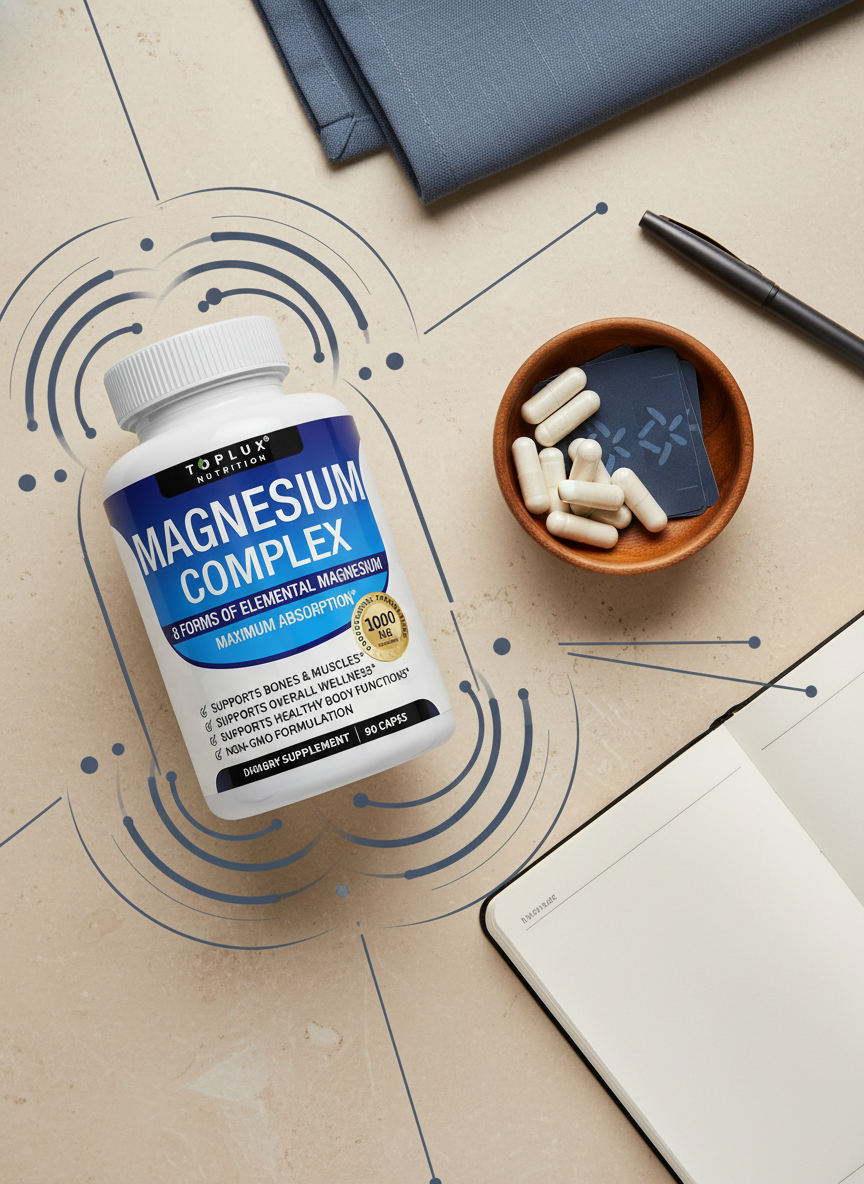 A flat-lay image of the 'Magnesium Complex 8-in-1 Blend' bottle on a warm cream surface. The background features slate blue a
